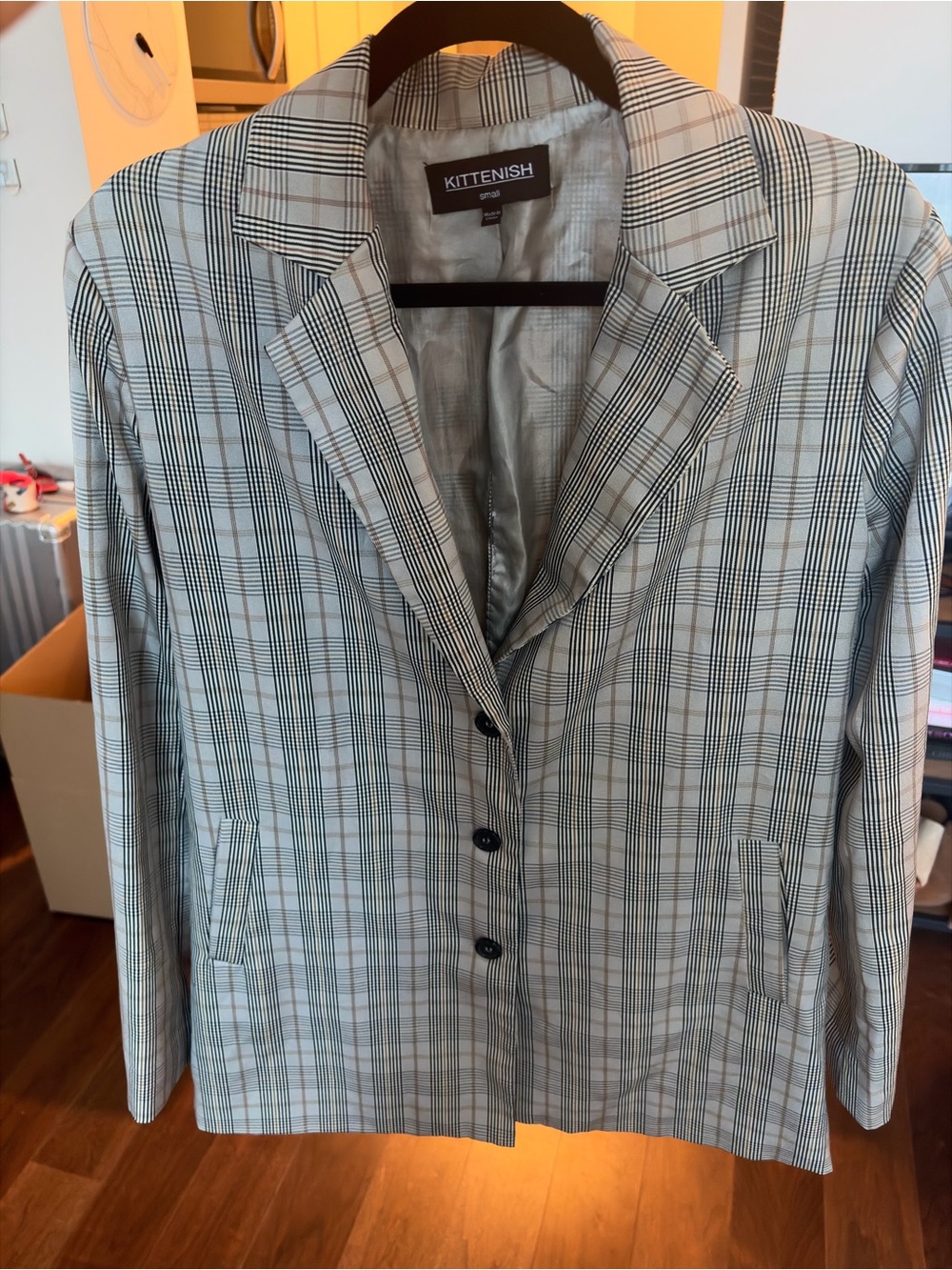 Kittenish Plaid Blazer Jacket in Gray and Black